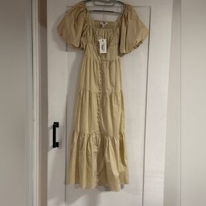 Endless Rose Beige Maxi Dress with Puff Sleeves